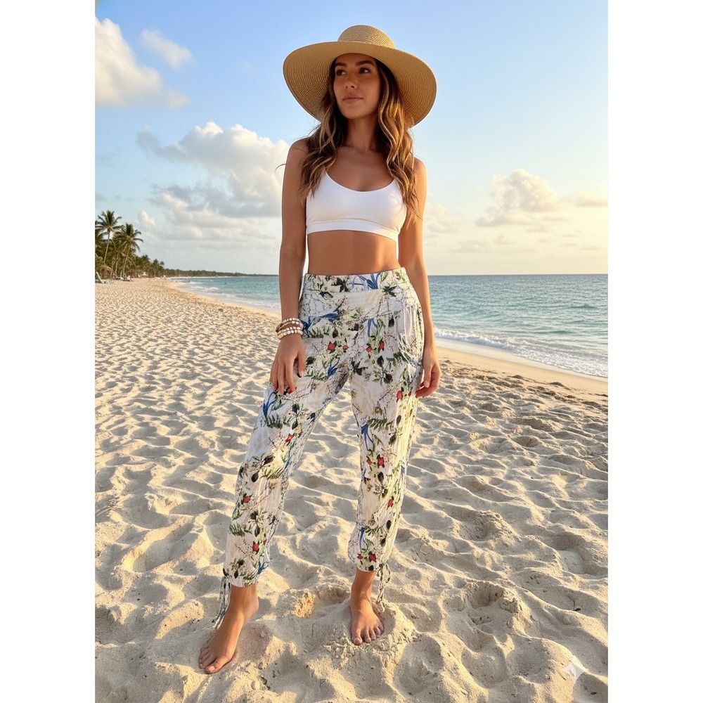 Cotton Daisy White Floral Print Boho Harem Pants Smocked Waist Tie‎ Belt